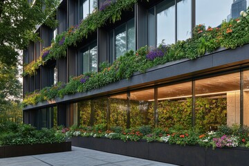Fototapeta premium Modern building showcasing plants in planters with expansive windows and greenery