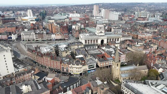 Nottingham City centre UK Panning drone aerial