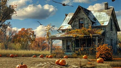 Rustic autumn farmhouse with pumpkins and corn stalks, 16th October