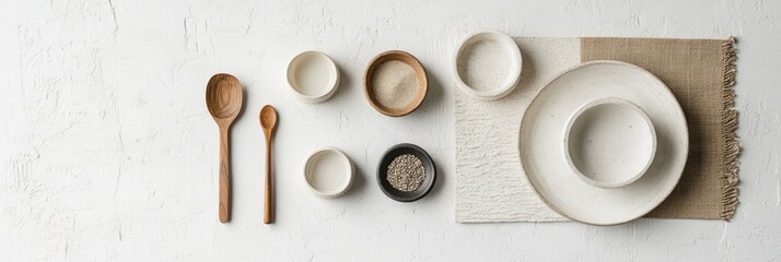 Minimalist tabletop setting with ceramic bowls, wooden spoons, and a linen placemat