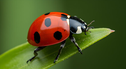 Fototapeta premium Detailed macro shot of a vibrant red ladybug with black spots on a green leaf