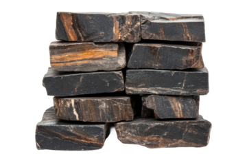 Stacked black sandstone blocks with natural orange veins, cut out