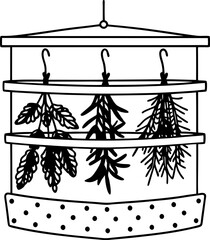 Herb drying rack illustration with hanging herbs for home gardening and preservation