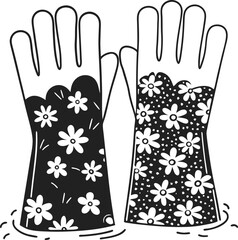 patterned floral cleaning gloves, black and white illustration decorative design, household chores elegance