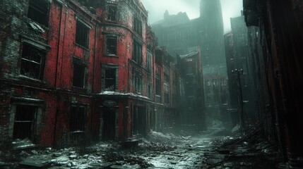 Fototapeta premium Desolate, war-torn street scene; ruined buildings, fog, debris