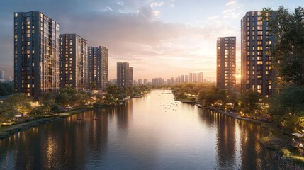 Serene sunset over a tranquil waterway, flanked by modern high-rise buildings
