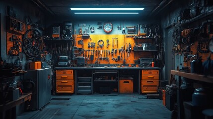 Well-equipped workshop, tools neatly organized on wall and workbench. Dim lighting, industrial feel