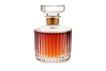 Elegant crystal decanter with amber liquid in faceted design, cut out