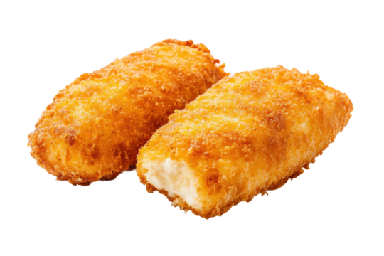 Golden breaded chicken croquettes with crispy texture on black background, cut out - Powered by Adobe