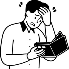 Worried man looking at empty wallet, financial stress concept,