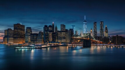 Naklejka premium NYC Skyline at Night with Bridge