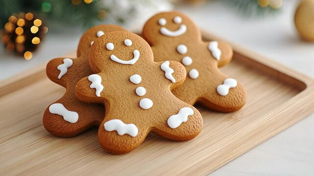 Festive gingerbread cookies on a wooden tray