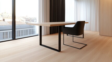 Fototapeta premium Modern office interior featuring a sleek wooden desk and black chair with large windows