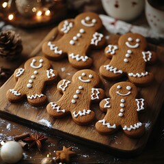Several delicious gingerbread cookies arranged on a wooden serving board