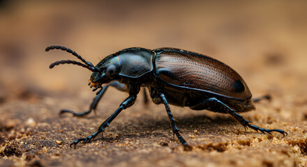 Close-up of a Sap Beetle Poised on Textured Wood Surface in Natural Light