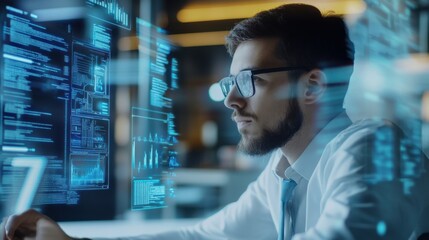 A machine learning developer applying AI for personalized education systems, classroom with student data and AI models visible, High-tech style