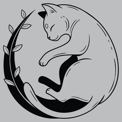 a cat curled up in a perfect circle silhouette vector design art and illustration