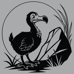 a dodo bird standing curiously on a rock silhouette vector design art and illustration © MD. MIZANUR