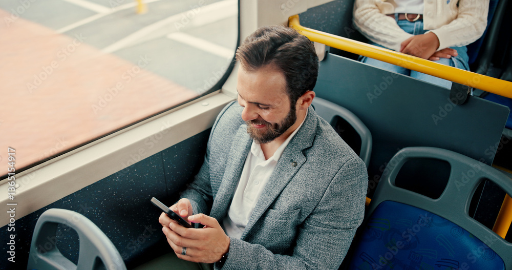 Poster businessman, phone and texting in bus, smile and travel with web chat, search and typing email on co
