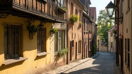 Fototapeta premium Sunlit Cobblestone Street in Historic European Town