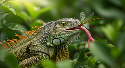Obraz premium Dramatic close up of an iguana catching a dragonfly with its tongue in greenery