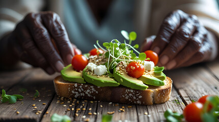 A pair of elderly dark-skinned woman's hands, with visible wrinkles and soft skin, preparing an avocado toast on a rustic wooden table. The toast is slightly uneven, topped with mashed avocado, cherry