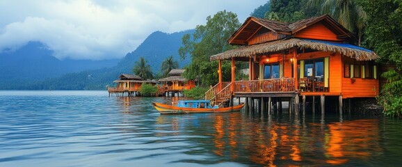 Naklejka premium Overwater bungalows on calm lake, mountains backdrop. Serene sunset scene