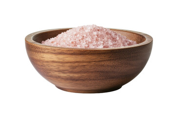 Coarse pink himalayan salt in wooden bowl on white background, cut out