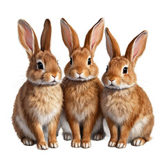 Obraz premium Three adorable brown bunnies huddled together, sharing a sweet moment of companionship against a bright white background.