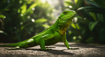 Fototapeta premium Captivating emerald lizard basking under dappled sunlight amidst lush foliage