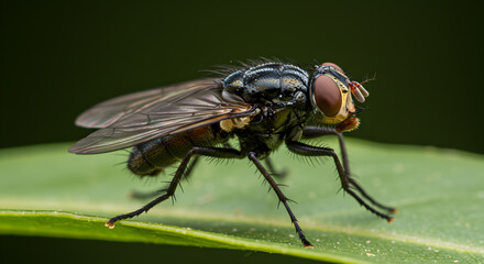 Naklejka premium Detailed close-up of a phorid fly resting on a vibrant green leaf surface