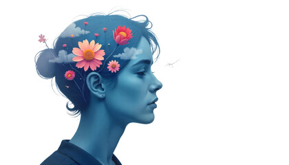 Surreal Generative AI Concept Art of Emotional Mindscape, Female Profile with Blooming Flowers, Clouds and Symbolic Expressions of Inner Thoughts and Feelings
