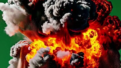 A powerful nuclear explosion, featuring a massive mushroom cloud, raging fire, and dense smoke, all portrayed on a green screen chroma key backdrop.