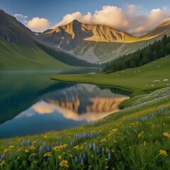 mountain landscape with lake and mountains