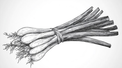 A detailed sketch of a bundle of fresh green onions tied together with roots visible, showcasing natural textures