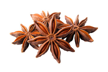 Close-up of star anise spice pods on black background, cut out