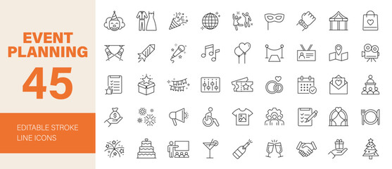 Event planning icon set. Party related line icons: birthday, wedding, event, catering, invitation, decoration, calendar, entertainment, management and more. Editable stroke. Vector illustration.
