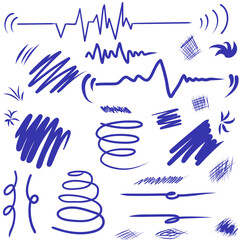 Blue hand drawn scribbles, lines, and spirals create a dynamic visual language, adding a touch of personality and creativity to design projects