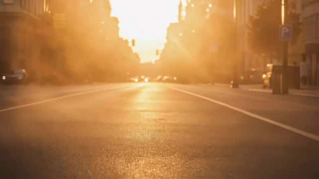 Urban asphalt street glowing in strong sunset light with rising heat haze symbolizing extreme summer temperatures and hot weather in city environment