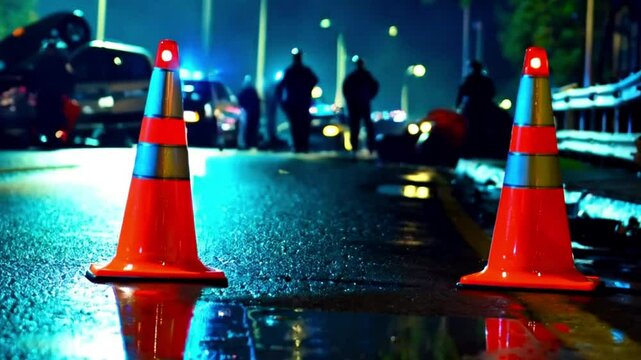 Traffic accident prevention, featuring two traffic cones placed on a wet street, with a car accident scene unfolding in the background.