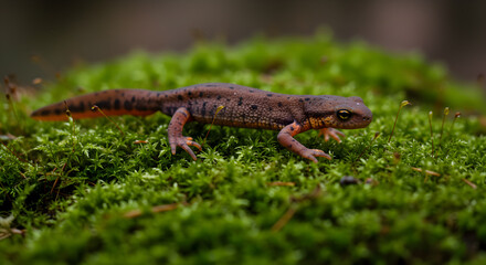 Naklejka premium Detailed close up of newt crawling over vibrant green moss in natural habitat