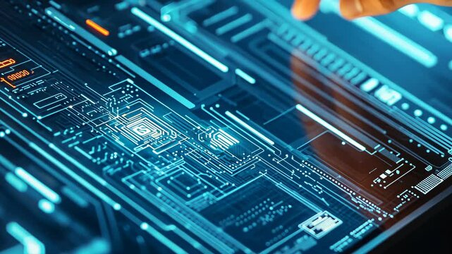 Close Up of Human Hand Interacting with a Futuristic Digital Interface Displaying Complex Circuitry