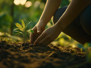 a man carefully planting a small sapling into the soil