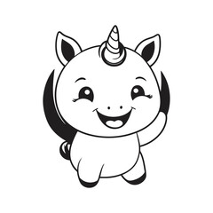 A black and white vector silhouette of a tiny unicorn with a swirled horn and fluffy mane on a white background