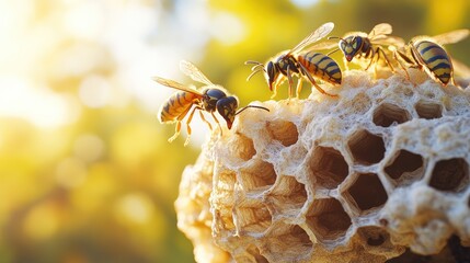 A close-up view of bees busily working on their honeycomb hive in a sunlit garden, showcasing nature's intricate beauty and teamwork among insects.