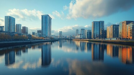 Skyline of Glasgow at Pacific Quay, Modern Architecture and River Views