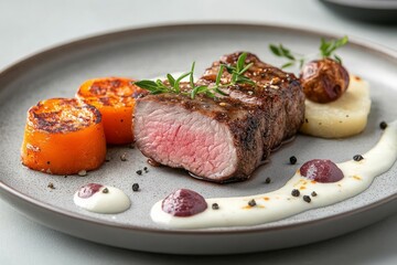 Close-up of a plated lamb steak with roasted carrot slices, a potato puree, a mushroom, thyme sprigs, and a creamy white sauce with dots of red sauce. The plate is gray