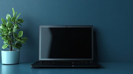 Fototapeta premium Sleek Modern Laptop on Minimalist Blue Platform: Black Screen Resting on Stylish Tech Surface 