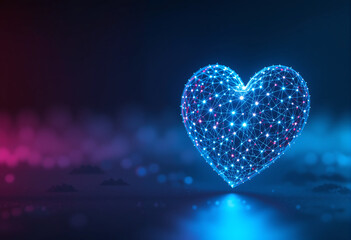 Obraz premium Glowing heart shape composed of interconnected nodes and lines is displayed against a dark backdrop