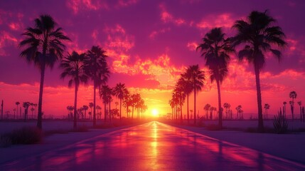 A vibrant sunset reflecting on a tranquil road lined with palm trees, creating a serene tropical atmosphere filled with colors.